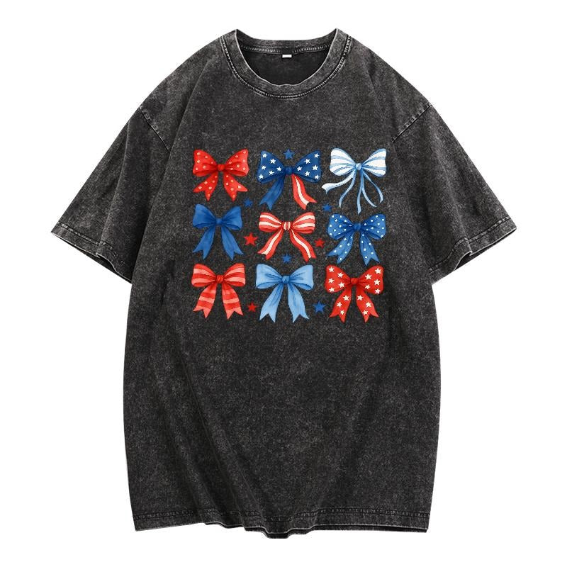 Trendy Washed T - Shirt: Rock a Playful Bow Design Hoodie, Sweatshirt | PodTeesHub.com