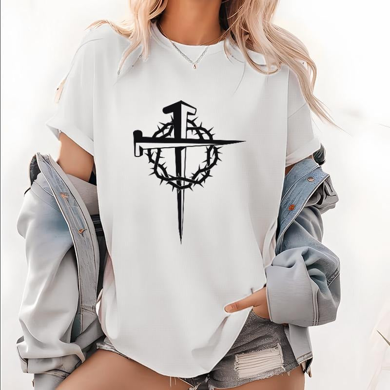 Trendy Women's T - Shirt with Intricate Cross and Crown of Thorns Graphic Hoodie, Sweatshirt | PodTeesHub.com