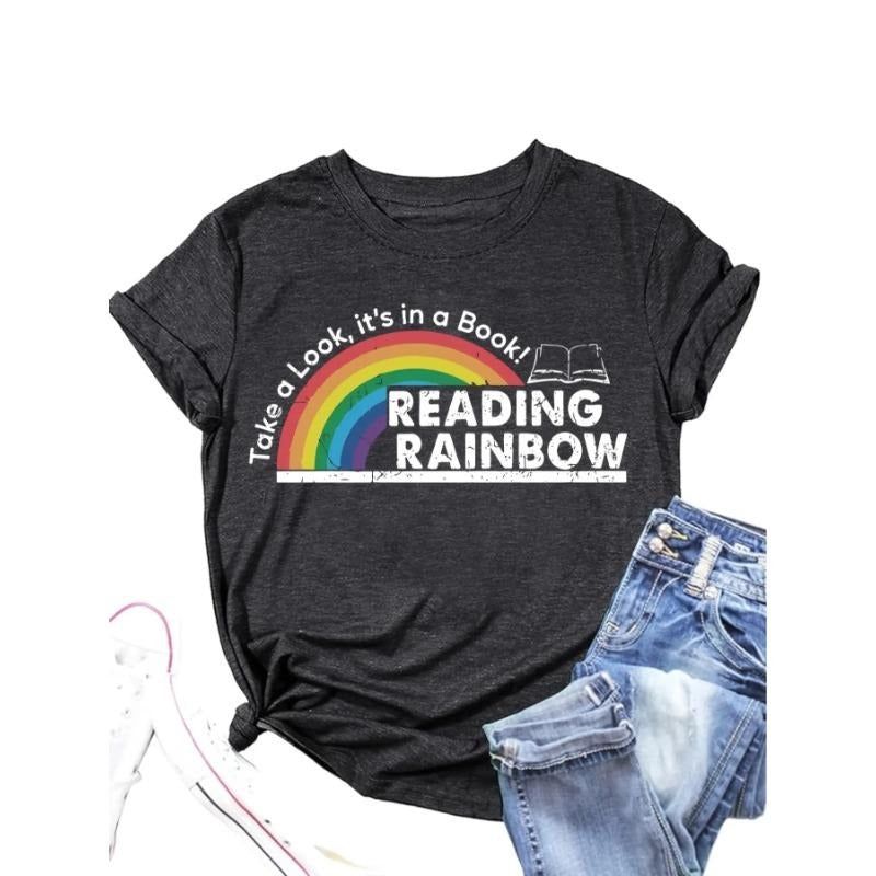 Trendy Women's T - Shirt with Rainbow & Letter Print, Round Neck Design Hoodie, Sweatshirt | PodTeesHub.com