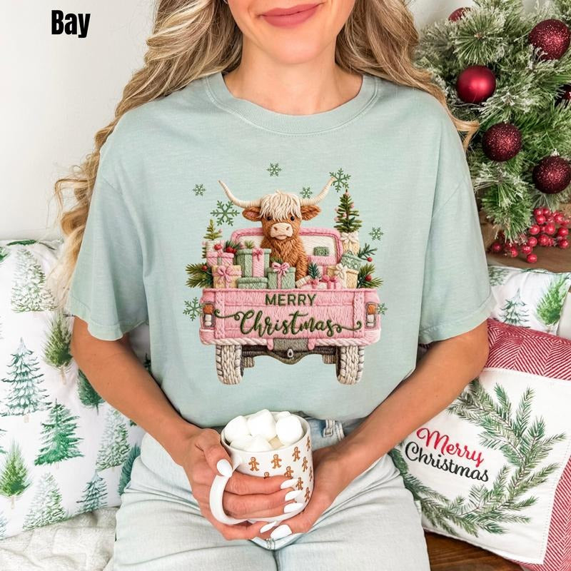 Truck & Cow Christmas Fake Crochet Comfort Colors T-Shirt 'BFNLB' Hoodie, Sweatshirt | PodTeesHub.com