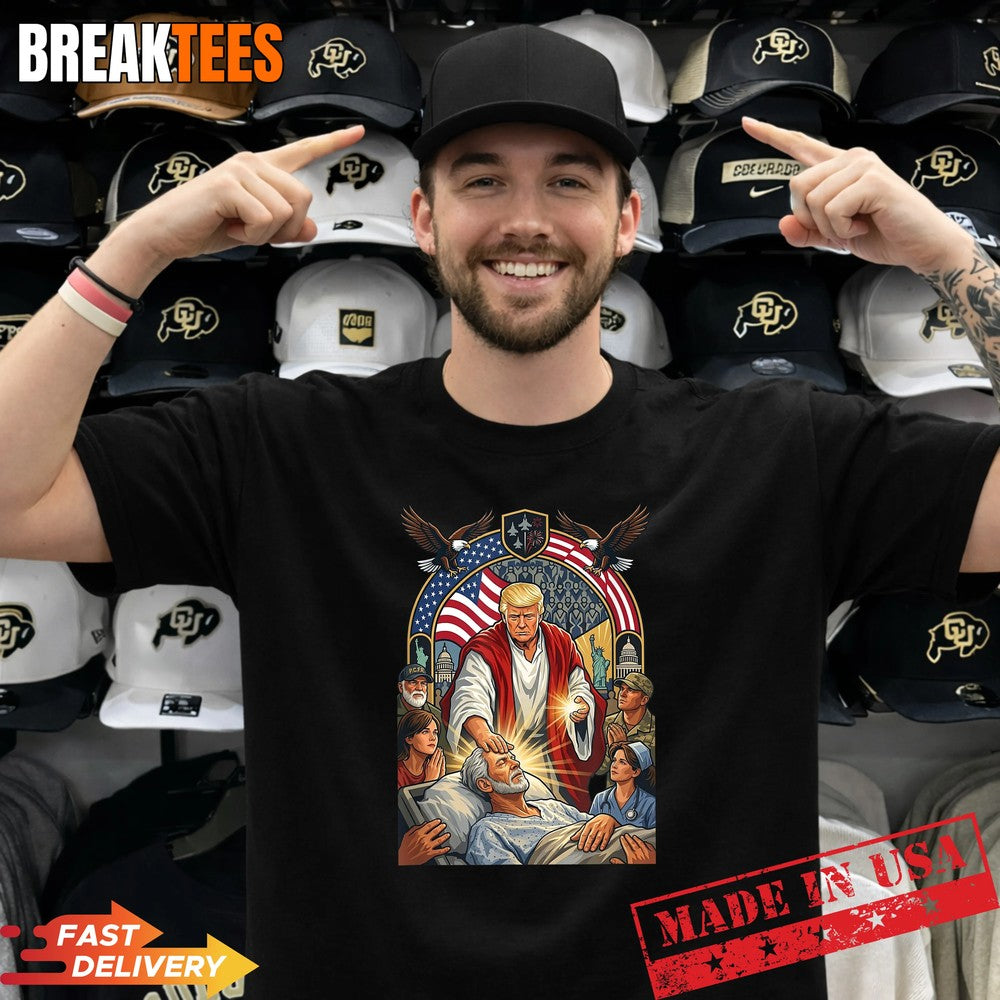 Trump as Jesus Patriotic US Flag Eagle Gifts Graphic Shirt
