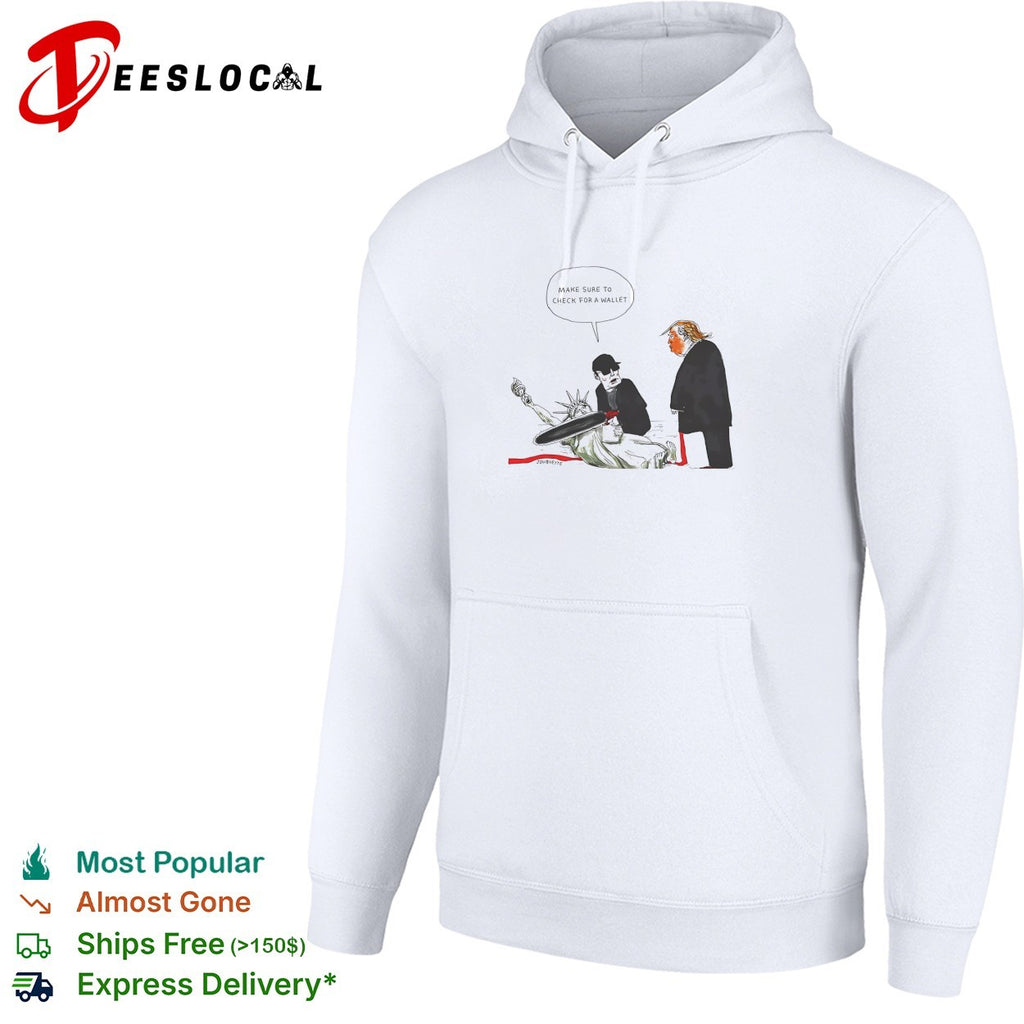 Trump cartoon checking for wallet on Statue of Liberty shirt