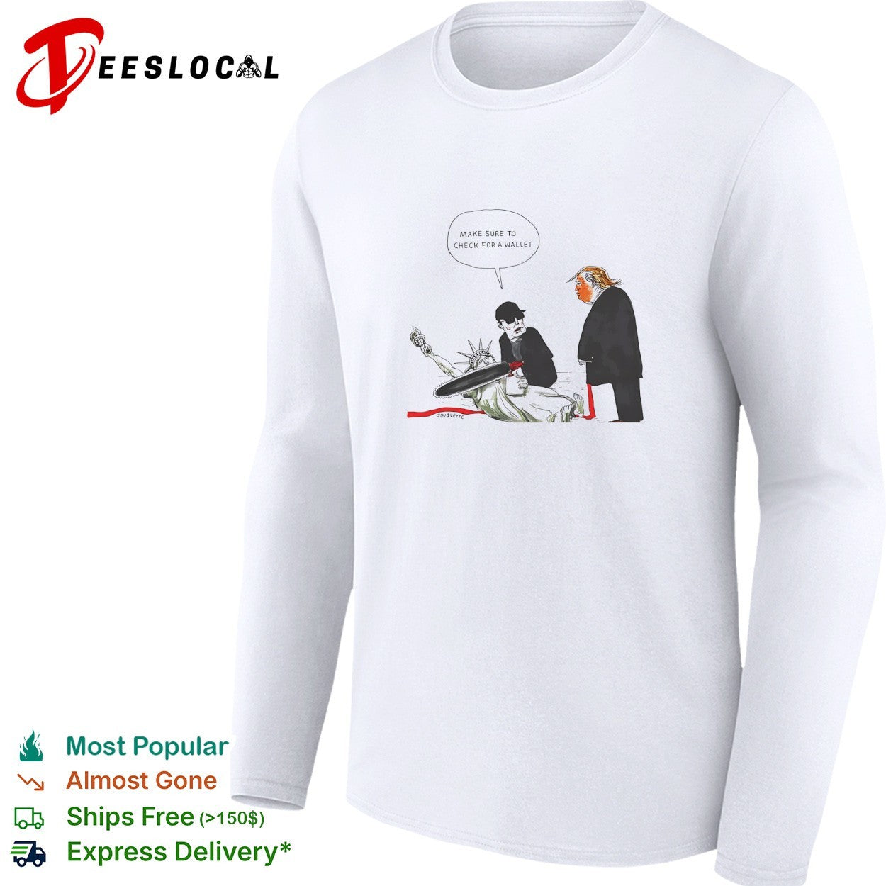 Trump cartoon checking for wallet on Statue of Liberty shirt