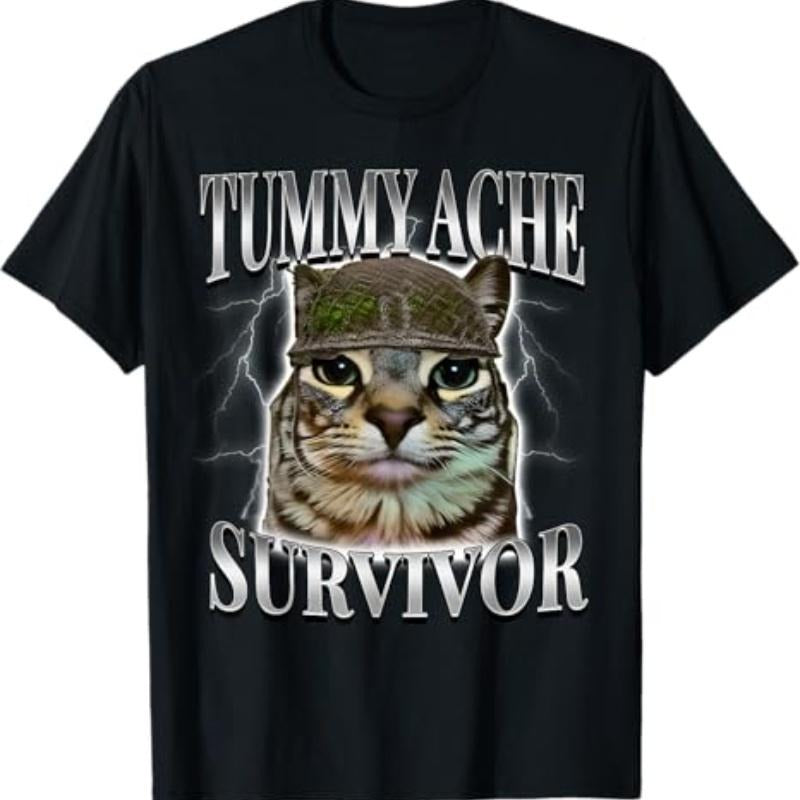 Tummy Ache Survivor Cat Meme Funny Saying Cats Animals T-Shirt Hoodie, Sweatshirt | PodTeesHub.com