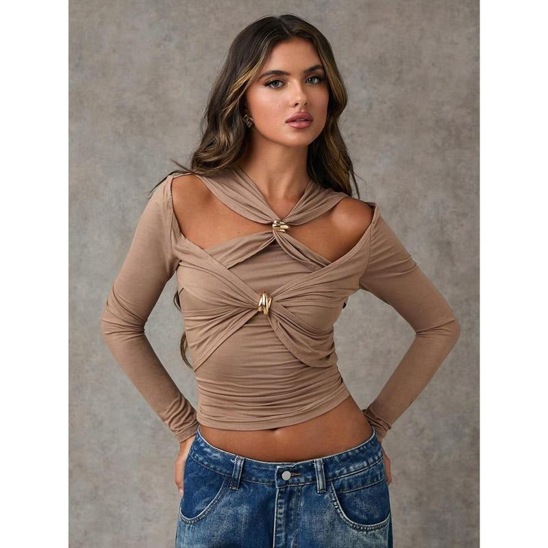Twist Front Ruched Cut Out T Shirt Long Sleeve Going Out Tops Hoodie, Sweatshirt | PodTeesHub.com