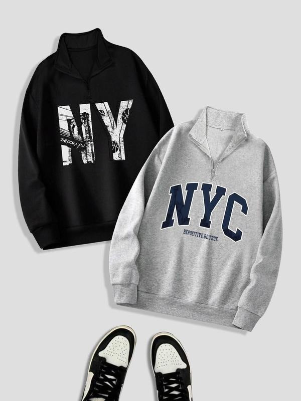 Two-piece Set Men's Letter Print Half Zip Sweatshirt, Casual Loose Long Sleeve Pullover for Fall & Winter, Men's...