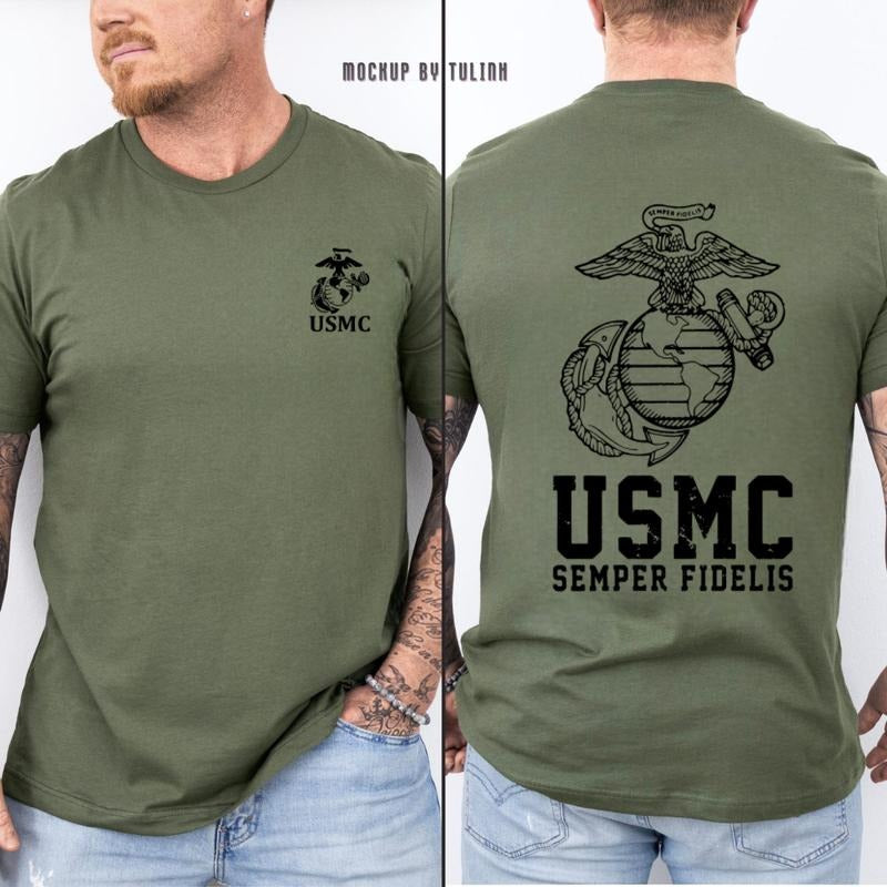U.S. Marines T-Shirt, Patriotic Military Eagle T-Shirt – Olive Green Army Style Tee, Bold Two-Sided Graphic, Veteran...