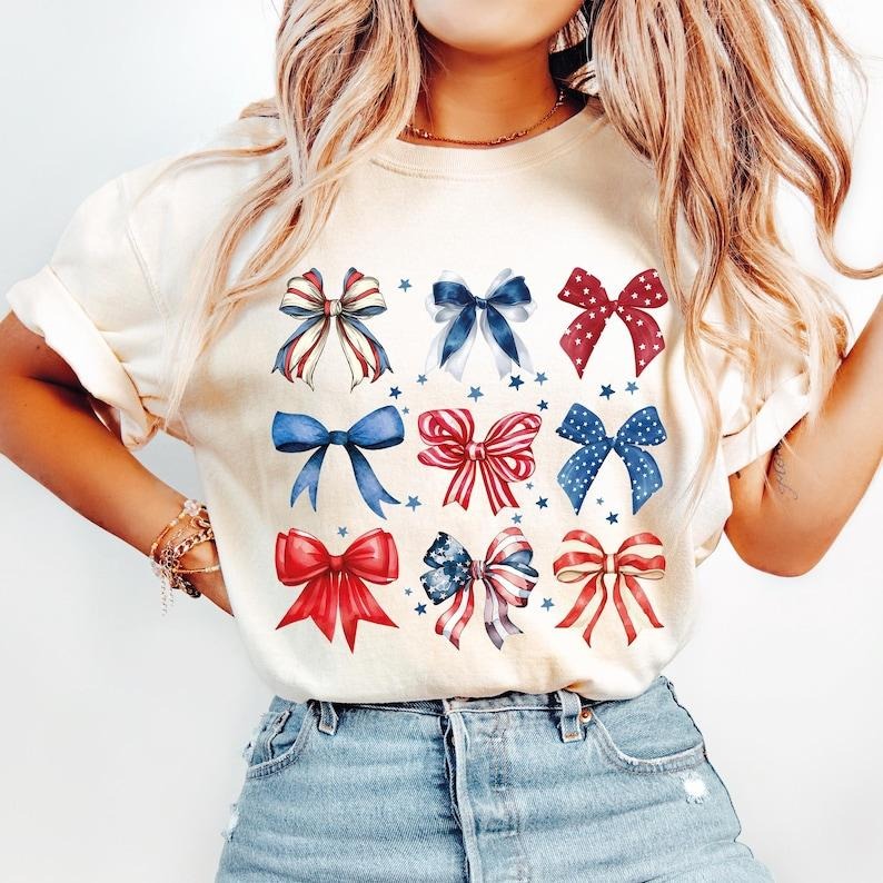 USA Bow Shirt , Coquette America Bow Tee for July 4th, Memorial Day T-Shirt, USA Shirts, Patriotic Bow Tee Hoodie, Sweatshirt