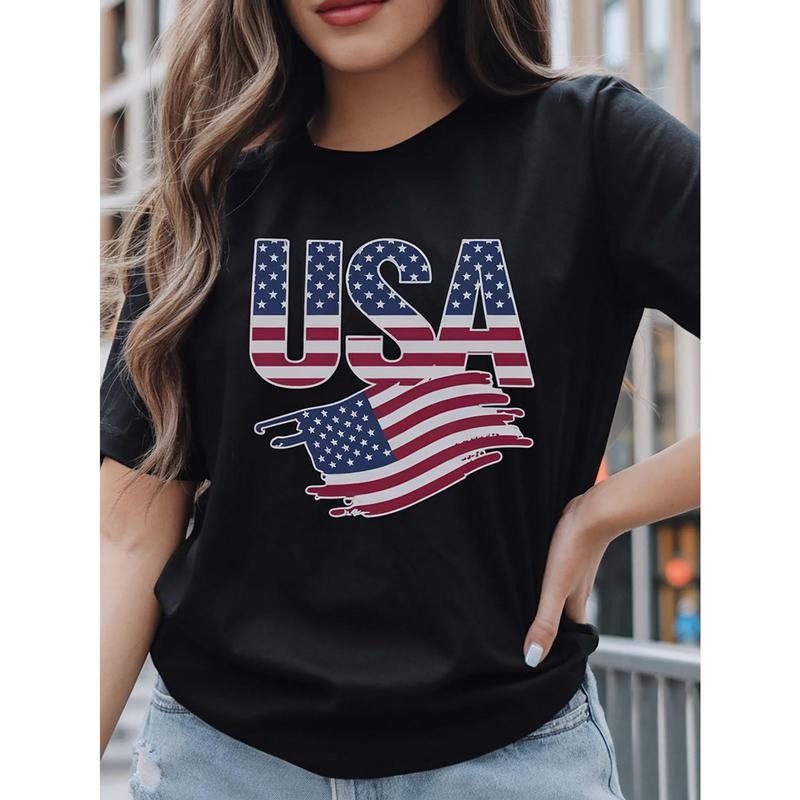 USA Flag Print Black T-Shirt for Women - Casual Loose Fit Round Neck Short Sleeve Tee, Lightweight, Perfect for Spring &...
