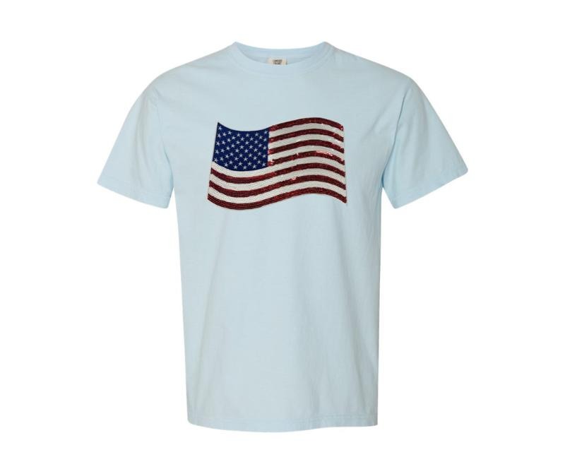 USA Flag Sequin Patch Comfort Colors T-Shirt -- CHAMBRAY Hoodie, Sweatshirt | PodTeesHub.com