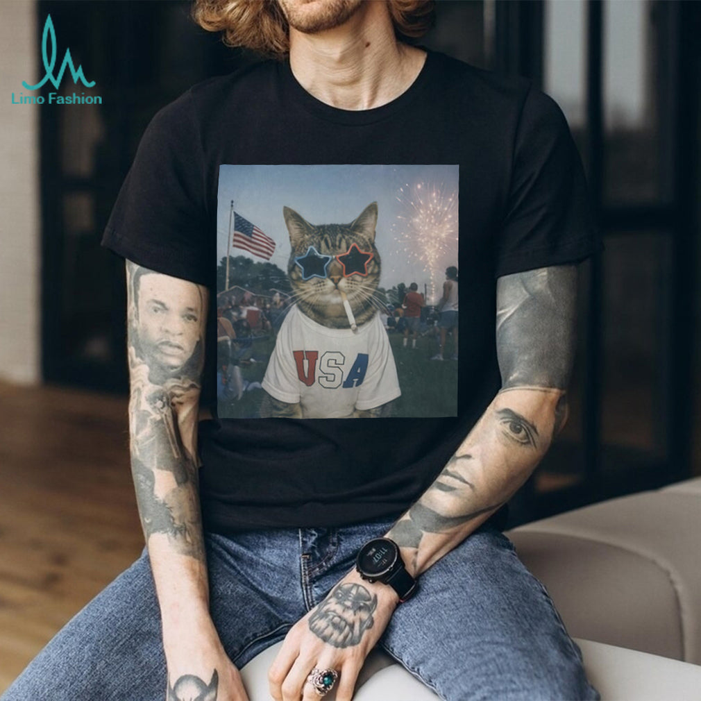USA Patriotic Cat with Fireworks and Sunglasses 4th of July Shirt