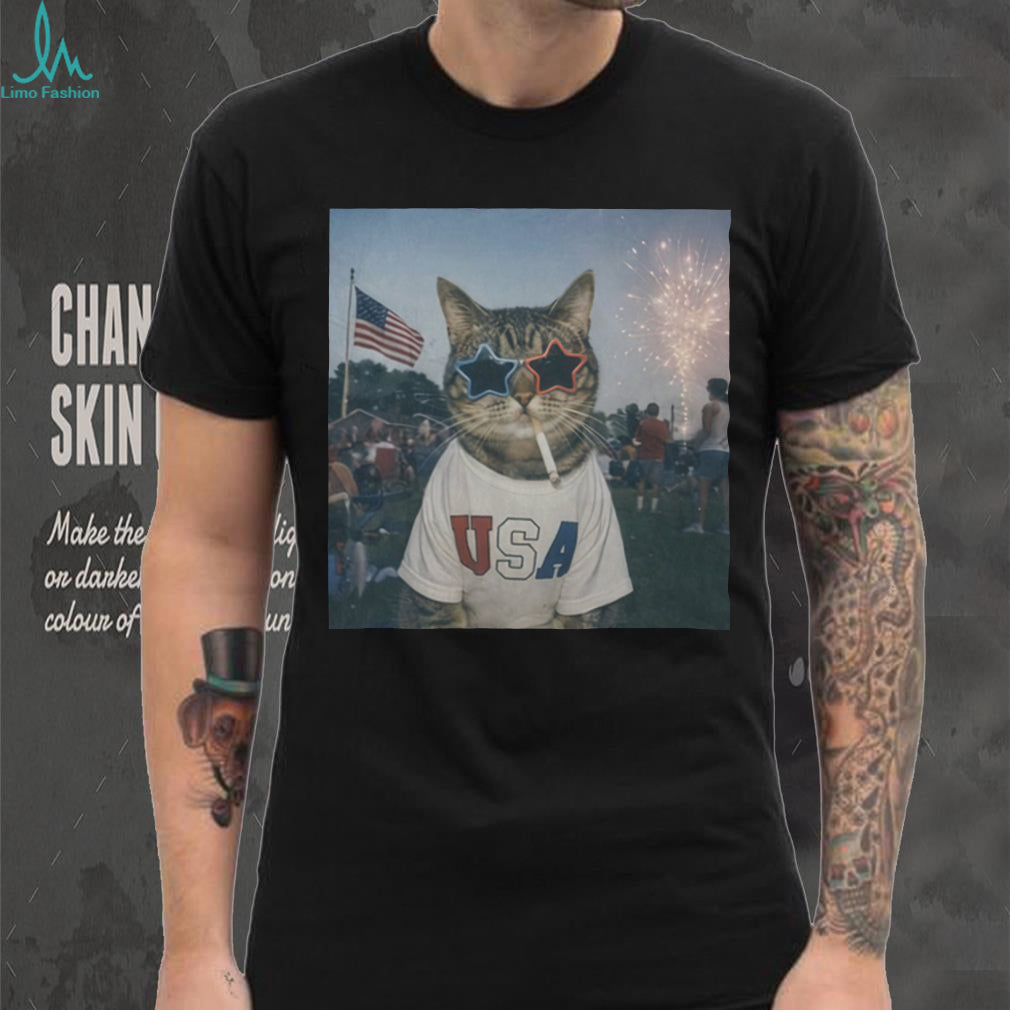 USA Patriotic Cat with Fireworks and Sunglasses 4th of July Shirt
