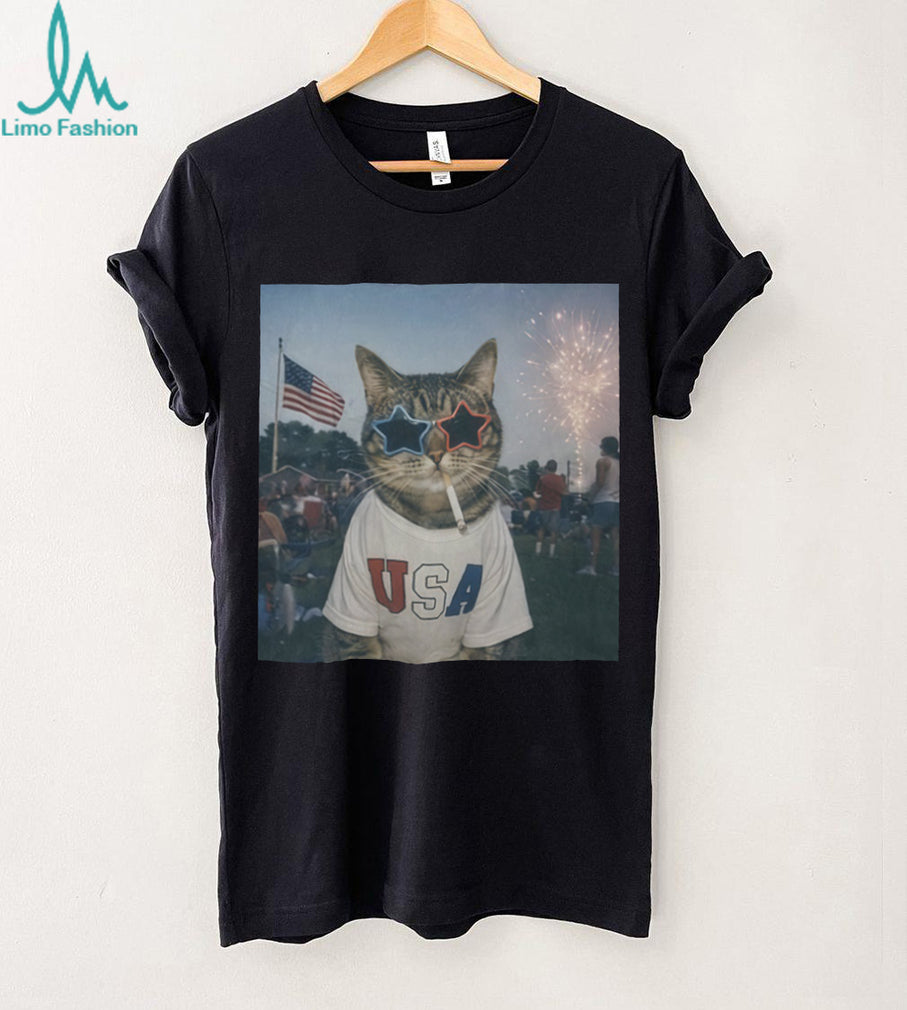 USA Patriotic Cat with Fireworks and Sunglasses 4th of July Shirt