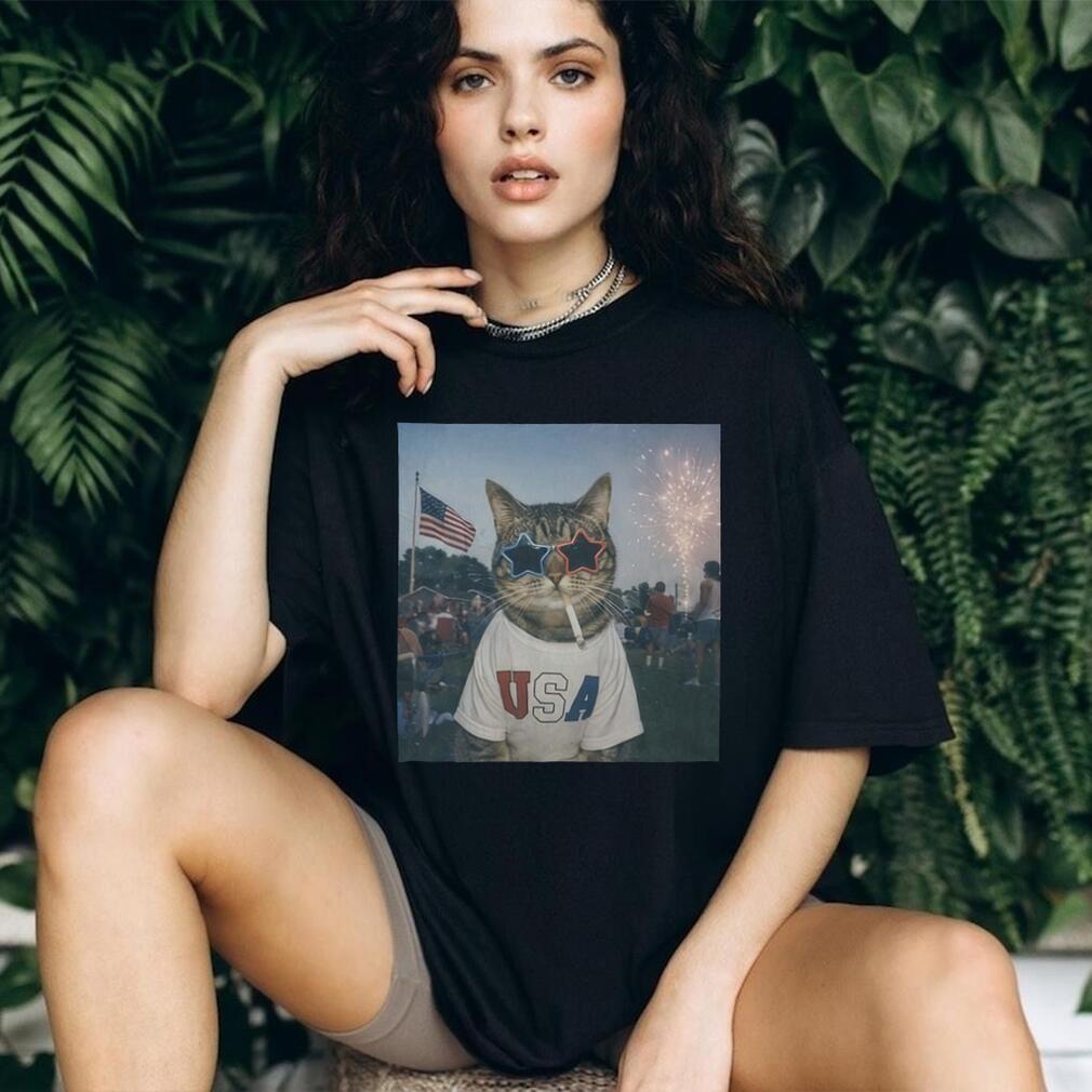 USA Patriotic Cat with Fireworks and Sunglasses 4th of July Shirt
