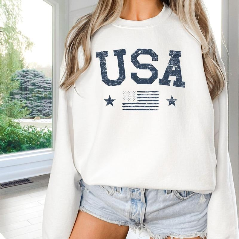 USA sweat shirt, Patriotic Sweatshirt, America Sweat Shirt, 4th of July Crewneck, Distressed USA Crewneck Sweater, Cotton...