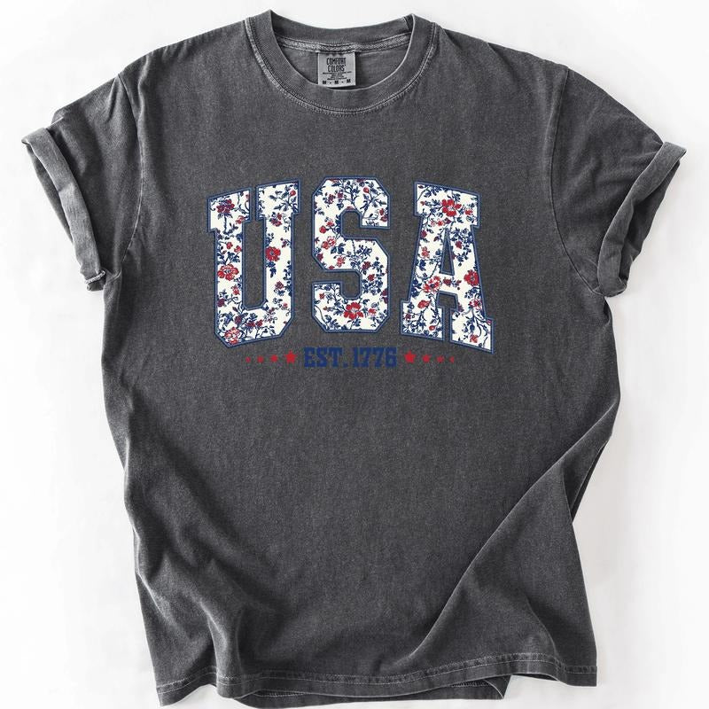 USA, Floral Pattern, Est 1776, Patriotic, America, Comfort Colors T-Shirt, Women's Comfort Colors Tee Hoodie, Sweatshirt