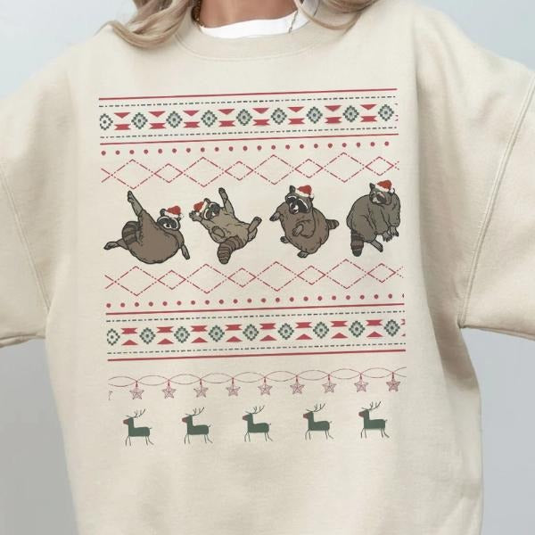 Ugly Raccoon Christmas Fleece Sweatshirt for Women, Funny Holiday Shirt, Cute Xmas Gift Idea Hoodie | PodTeesHub.com