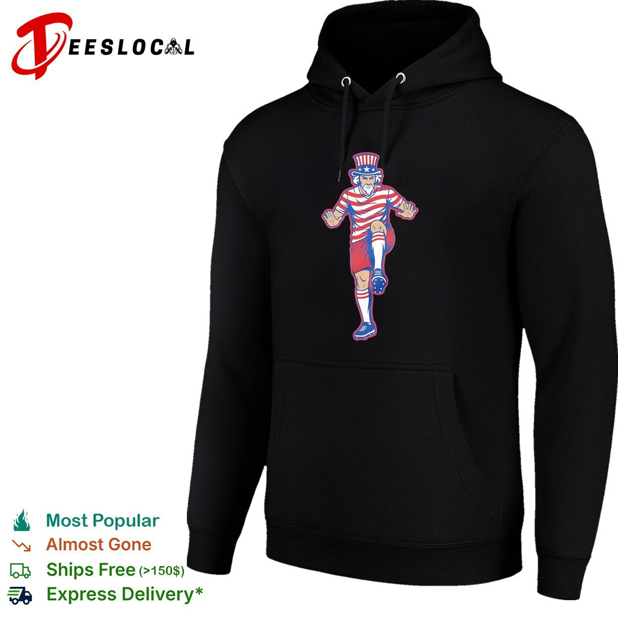 Uncle Sam raising leg to kick soccer ball USA flag shirt