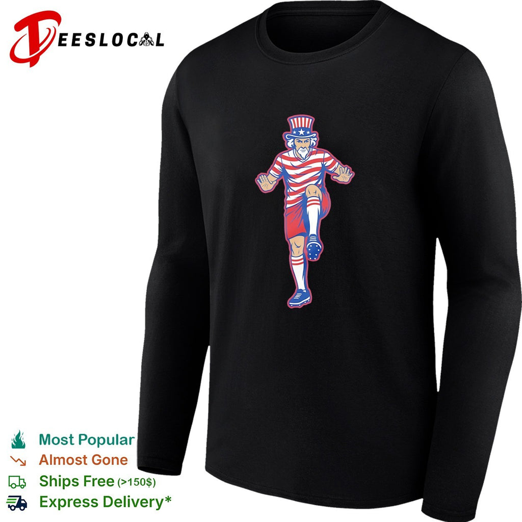 Uncle Sam raising leg to kick soccer ball USA flag shirt