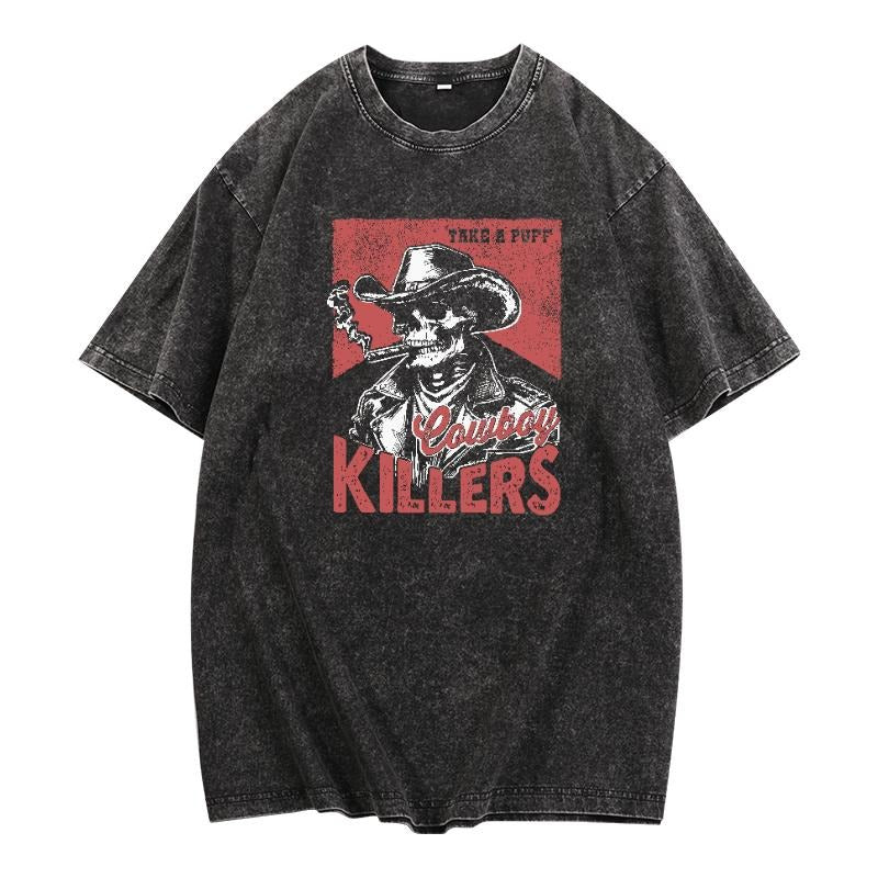 Unique and Statement - making Washed T - Shirt: Stand Out with a Captivating Graphic of a Cowboy Skeleton on a Distressed...