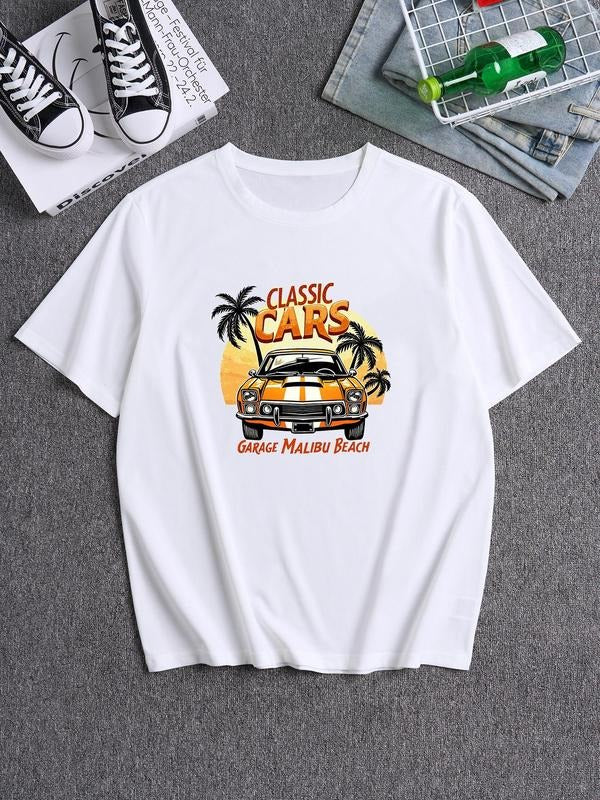 Unisex American Retro Style Vintage Car Graphic Print Round Neck Tee, Loose Casual Comfy Short Sleeve Crew Neck T-shirt...