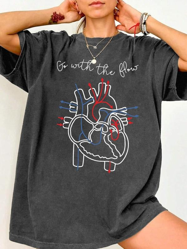 Unisex Anatomy Heart Pattern T-Shirt, Loose Street Style Top with 'follow the Flow' Graphic, Casual Wear for Teens and...