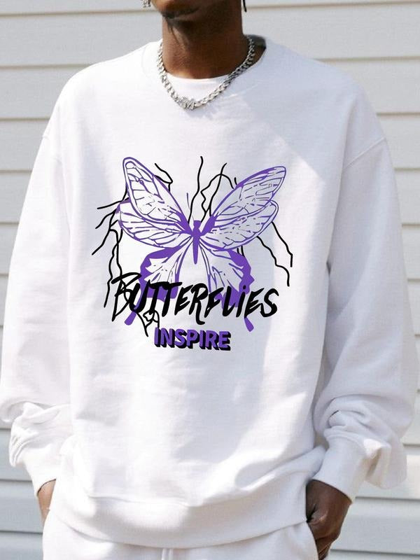 Unisex Butterfly & Letter Print Drop Shoulder Thermal Lined Sweatshirt, Regular Fit Casual Street Soft Comfy Long Sleeve...