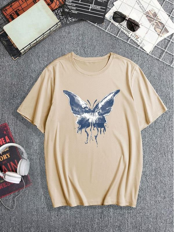 Unisex Butterfly & Letter Print Round Neck Tee, Regular Fit Casual Y2K Short Sleeve T-shirt for Summer, Men's Top for...