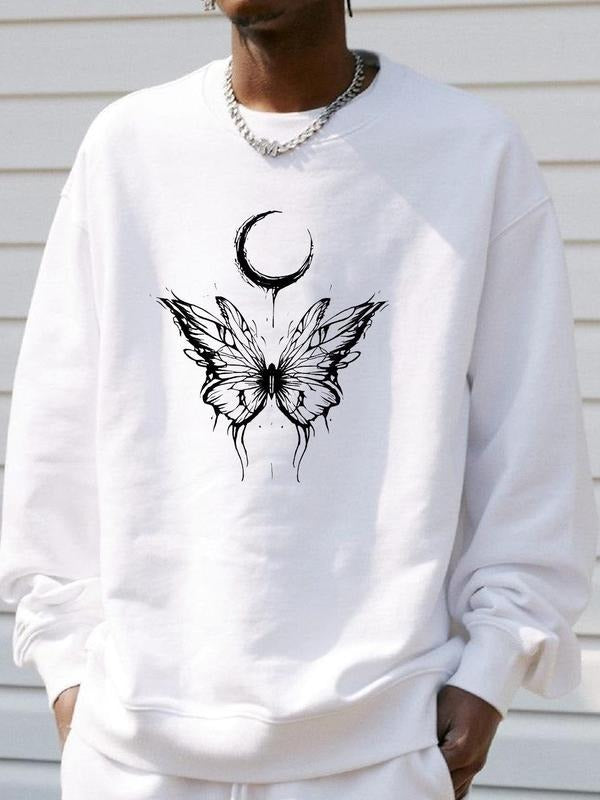 Unisex Butterfly & Moon Print Drop Shoulder Sweatshirt, Casual Regular Fit Long Sleeve Round Neck Pullover for Fall &...