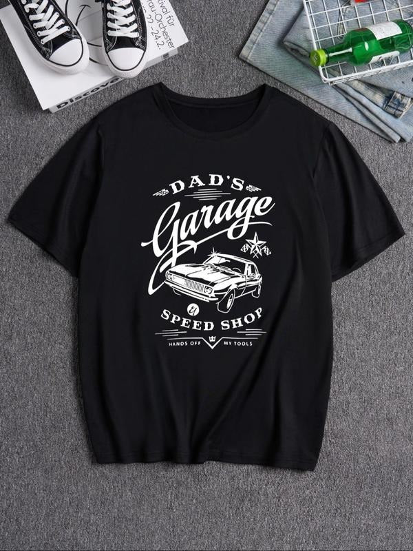 Unisex Car & Letter Print Round Neck Tee, Loose Casual Short Sleeve T-shirt for Daily Wear, Men's Top for All Seasons...