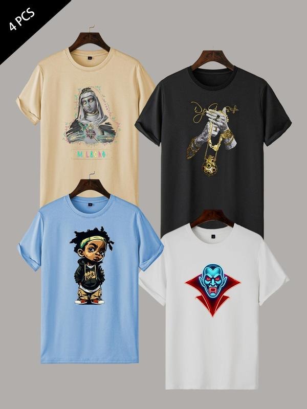 Unisex Cartoon & Letter Print Round Neck Tee, Regular Fit Casual Short Sleeve T-shirt for Summer, Men's Top for Daily...