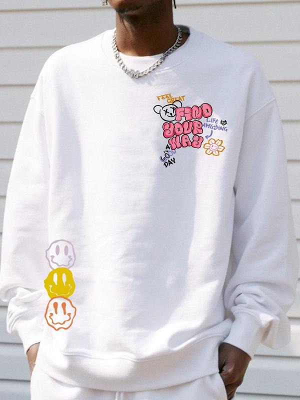Unisex Cartoon Bear & Letter Print Drop Shoulder Sweatshirt, Casual Soft Comfy Long Sleeve Round Neck Pullover for Daily...