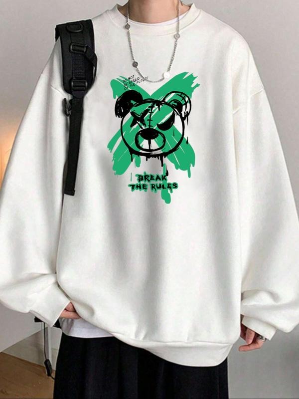 Unisex Cartoon Bear & Letter Print Drop Shoulder Sweatshirt, Regular Fit Casual Soft Comfy Long Sleeve Round Neck...