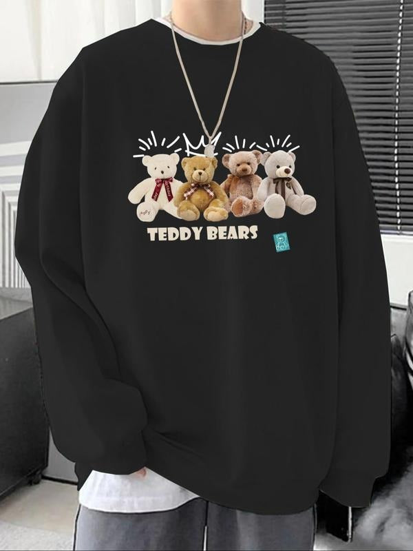 Unisex Cartoon Bear & Letter Print Drop Shoulder Warm Sweatshirt, Casual Soft Comfy Regular Fit Long-Sleeve Crew Neck...