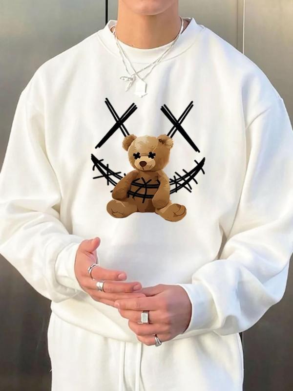 Unisex Cartoon Bear Print Drop Shoulder Sweatshirt, Casual Long Sleeve Round Neck Pullover for Fall & Winter, Unisex...