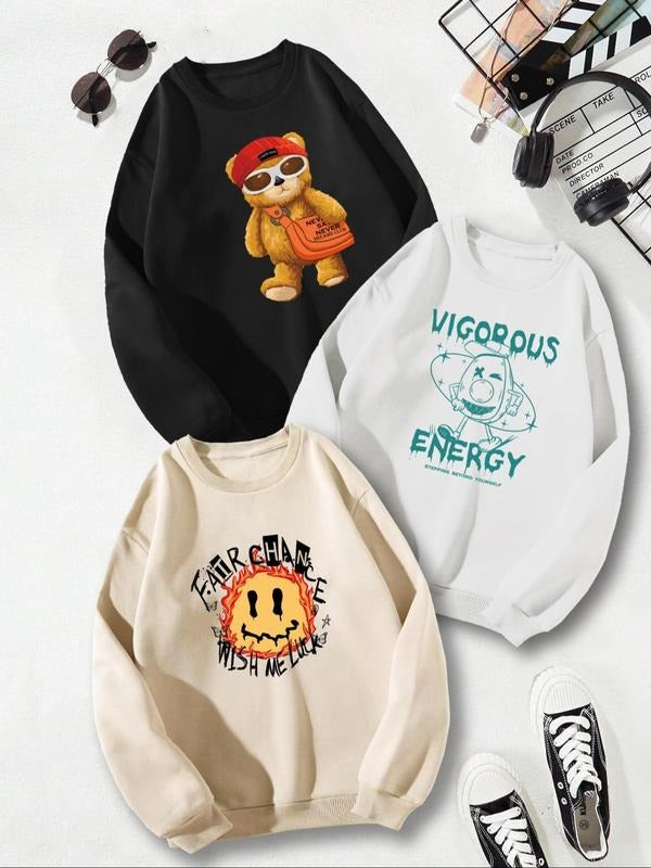 Unisex Cartoon Bear Print Round Neck Sweatshirt, Men's Regular Fit Casual Long Sleeve Pullover for Fall & Winter, Men's...