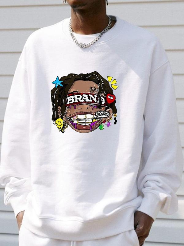 Unisex Cartoon Character Print Drop Shoulder Sweatshirt, Regular Fit Casual Long Sleeve Round Neck Pullover for Fall &...