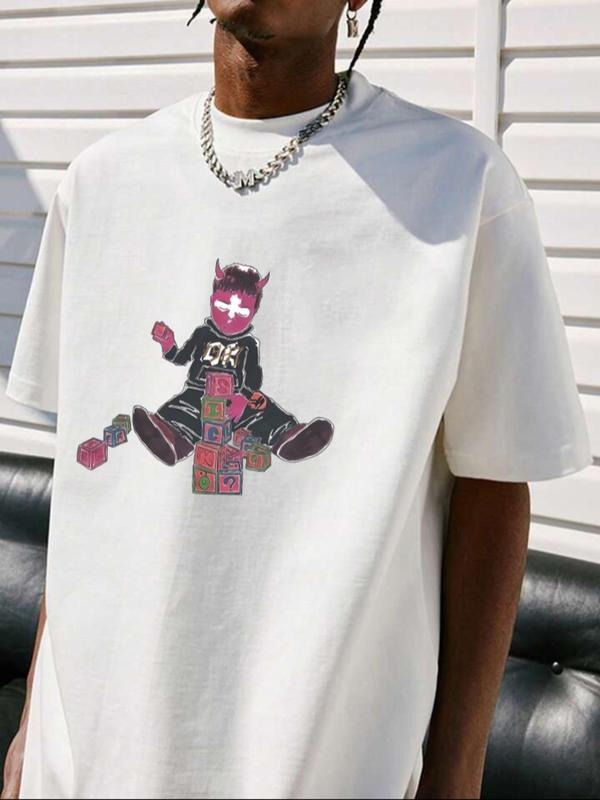 Unisex Cartoon Character Print Round Neck Tee, Loose Casual Comfy Street Fashion Short Sleeve Crew Neck T-shirt for...