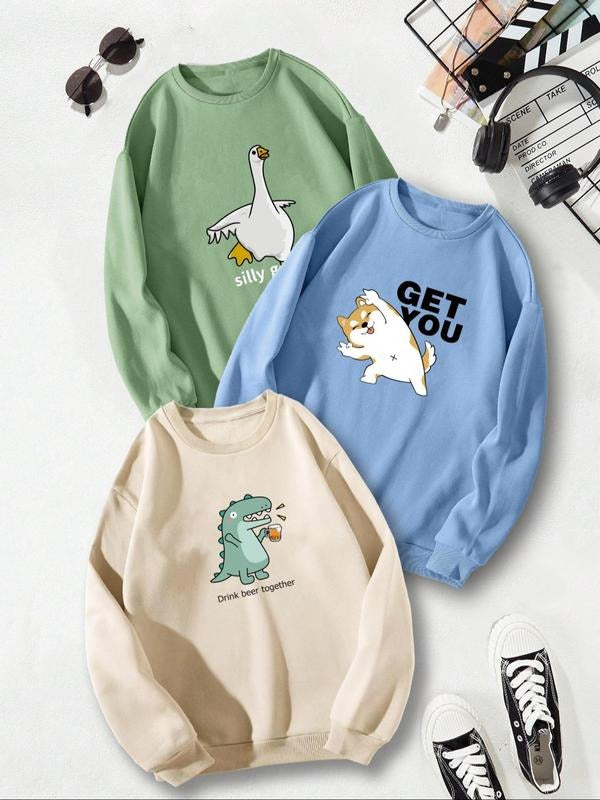 Unisex Cartoon Dinosaur & Letter Print Drop Shoulder Warm Sweatshirt, Casual Soft Regular Fit Long-Sleeve Round Neck...