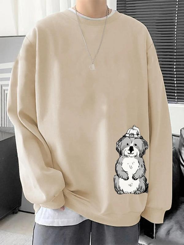 Unisex Cartoon Dog Print Drop Shoulder Sweatshirt, Casual Regular Fit Long Sleeve Round Neck Pullover for Daily Wear,...