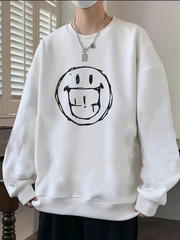 Unisex Cartoon Face Print Drop Shoulder Thermal Lined Sweatshirt, Casual Long Sleeve Round Neck Pullover for Fall &...