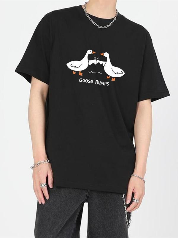 Unisex Cartoon Goose & Letter Print Round Neck Tee, Loose Casual Fashion Short Sleeve T-shirt for Daily Wear, Unisex Top...