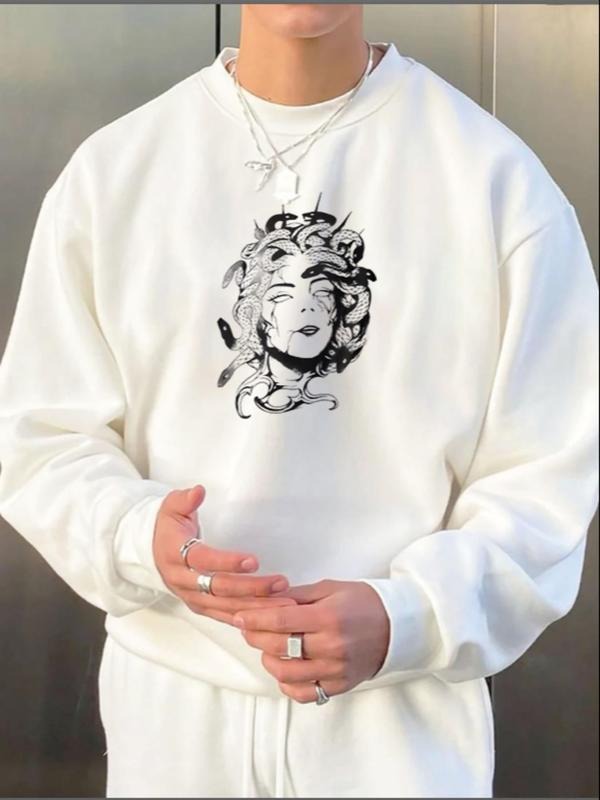 Unisex Cartoon Medusa Print Drop Shoulder Thermal Lined Sweatshirt, Regular Fit Casual Long Sleeve Round Neck Pullover...