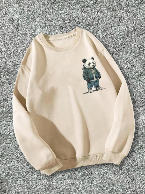 Unisex Cartoon Panda Print Thermal Lined Sweatshirt, Casual Long Sleeve Round Neck Pullover for Fall & Winter, Unisex...