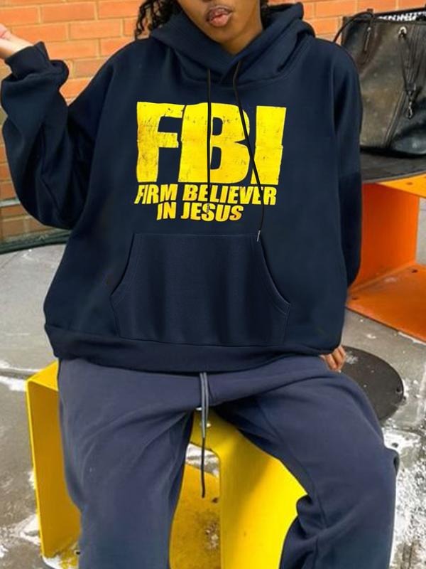 Unisex Casual Hooded Sweatshirt with Fbi Jesus Believer Print, Christian Street Style, Fall & Winter Warm Daily Wear, Men...
