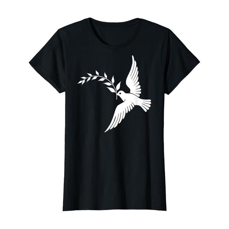 Unisex Casual Short Sleeve Dove of Peace Bird Ornithology T-Shirt - Black with White Tropical Print, Olive Branch Design,...