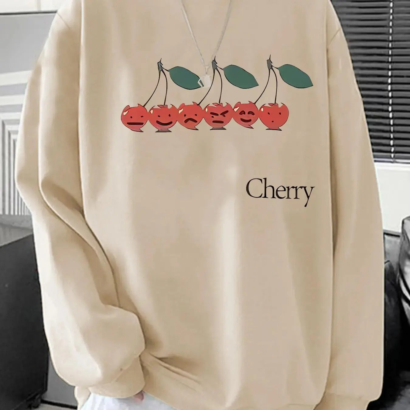 Unisex Cherry & Letter Print Drop Shoulder Sweatshirt, Casual Regular Fit Long Sleeve Round Neck Pullover for Fall &...