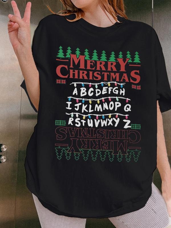 Unisex Christmas Happy Graphic Tee, Festive Tree & Letter Print, Casual Short Sleeve Top, All Seasons Wear, Party & Home...