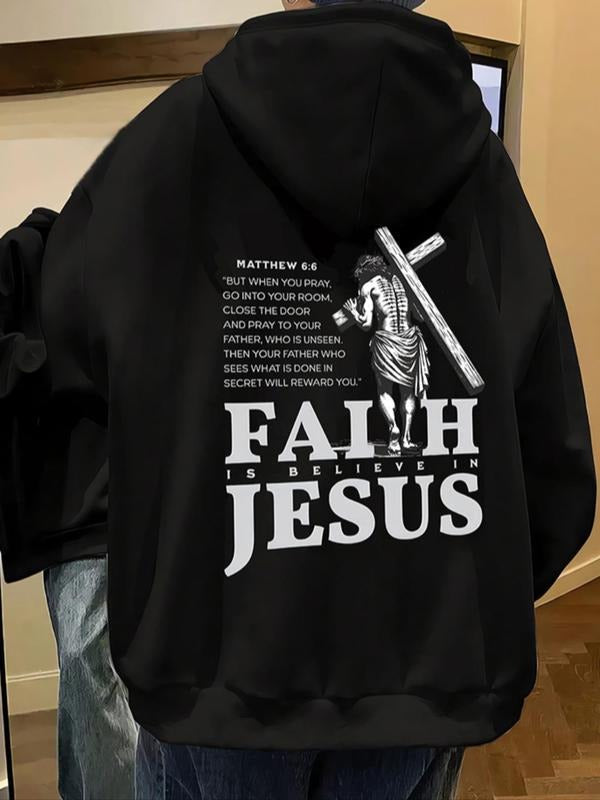 Unisex Cross & Letter Print Thermal Lined Hoodie, Casual Regular Fit Long Sleeve Hooded Sweatshirt for Fall & Winter,...