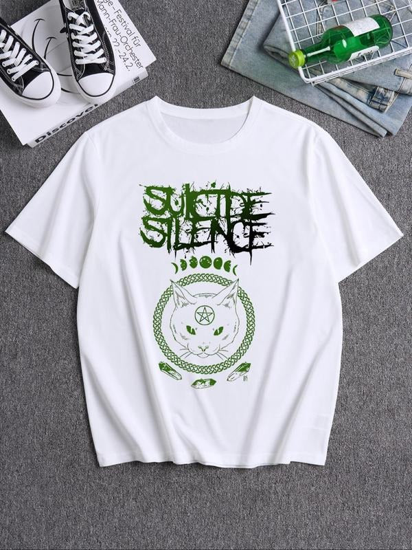 Unisex Graffiti Gradient Letter & Cat Graphic Print Drop Shoulder Crew Neck Tee, Loose Street Fashion Soft Comfy Round...